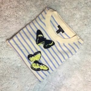 J. Crew Striped Sweater with Butterfly Design - Cream and Blue